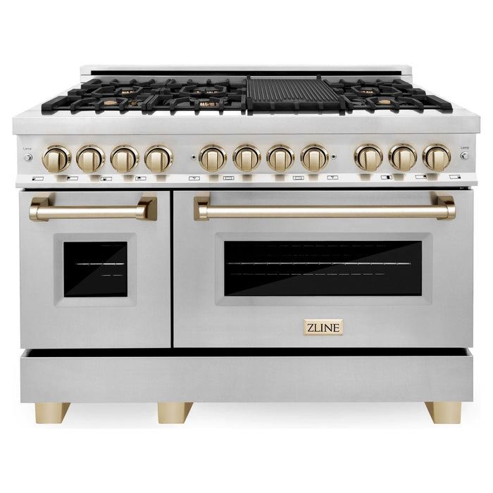 ZLINE Autograph Package - 48 In. Dual Fuel Range, Range Hood in Stainless Steel with Gold Accents, 2AKP-RARH48-G