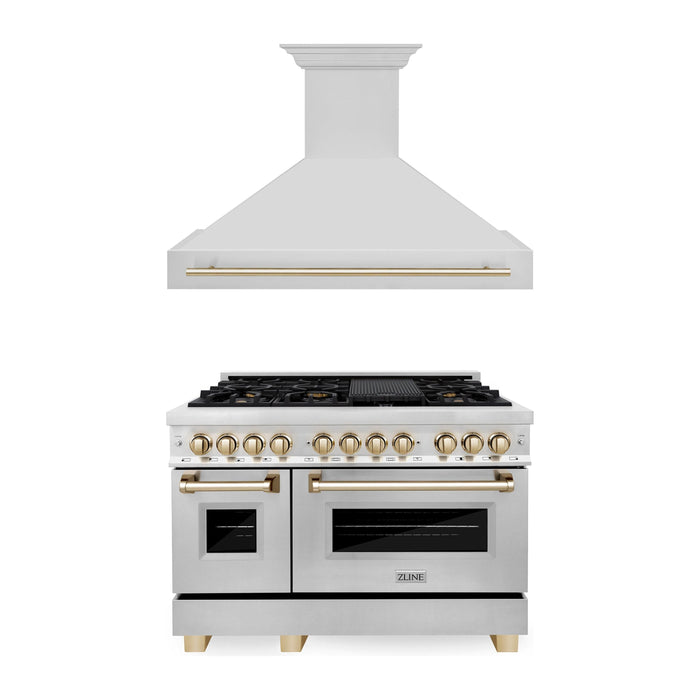 ZLINE Autograph Package - 48 In. Dual Fuel Range, Range Hood in Stainless Steel with Gold Accents, 2AKP-RARH48-G