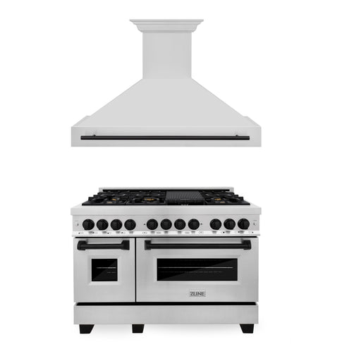 ZLINE Kitchen Appliance Packages ZLINE Autograph Package - 48 In. Dual Fuel Range, Range Hood in Stainless Steel with Matte Black Accents, 2AKP-RARH48-MB