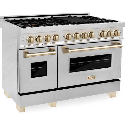 ZLINE Autograph Package - 48 In. Dual Fuel Range, Range Hood, Refrigerator, and Dishwasher in Stainless Steel with Champagne Bronze Accents, 4KAPR-RARHDWM48-CB