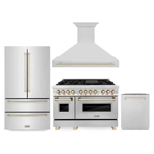 ZLINE Autograph Package - 48 In. Dual Fuel Range, Range Hood, Refrigerator, and Dishwasher in Stainless Steel with Gold Accents, 4KAPR-RARHDWM48-G