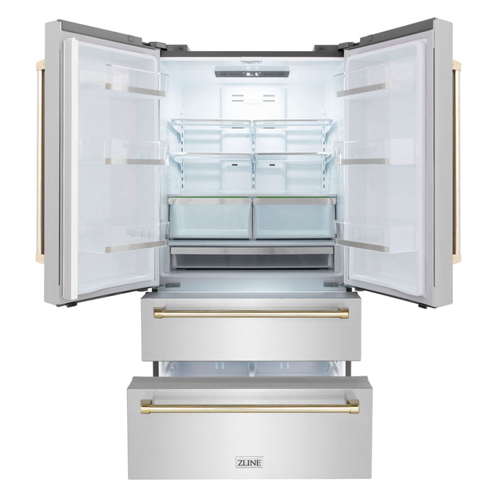 ZLINE Kitchen Appliance Packages ZLINE Autograph Package - 48 In. Dual Fuel Range, Range Hood, Refrigerator, and Dishwasher in Stainless Steel with Gold Accents, 4KAPR-RARHDWM48-G