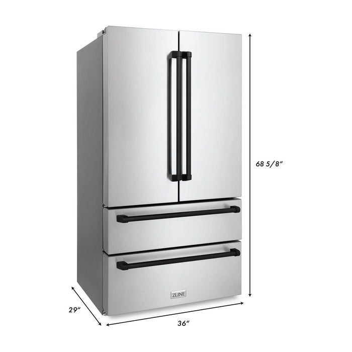 ZLINE Autograph Package - 48 In. Dual Fuel Range, Range Hood, Refrigerator, and Dishwasher in Stainless Steel with Matte Black Accents, 4KAPR-RARHDWM48-MB