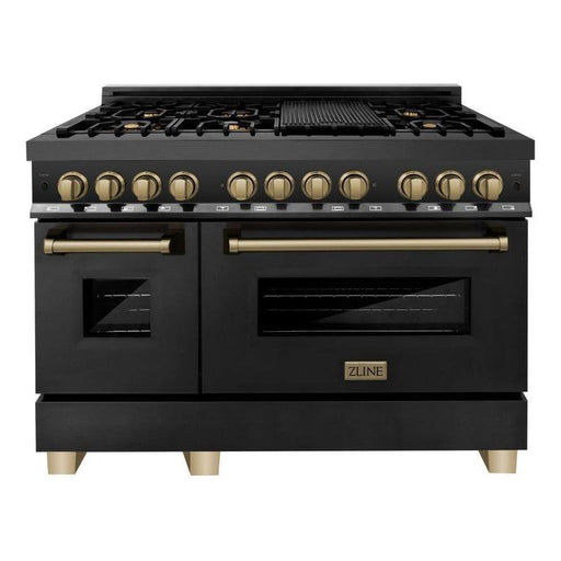 ZLINE Autograph Package - 48 In. Dual Fuel Range, Range Hood, Refrigerator, Microwave and Dishwasher in Black Stainless Steel with Bronze Accents