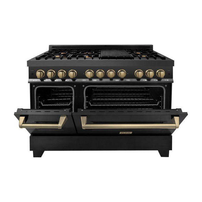 ZLINE Autograph Package - 48 In. Dual Fuel Range, Range Hood, Refrigerator, Microwave and Dishwasher in Black Stainless Steel with Bronze Accents