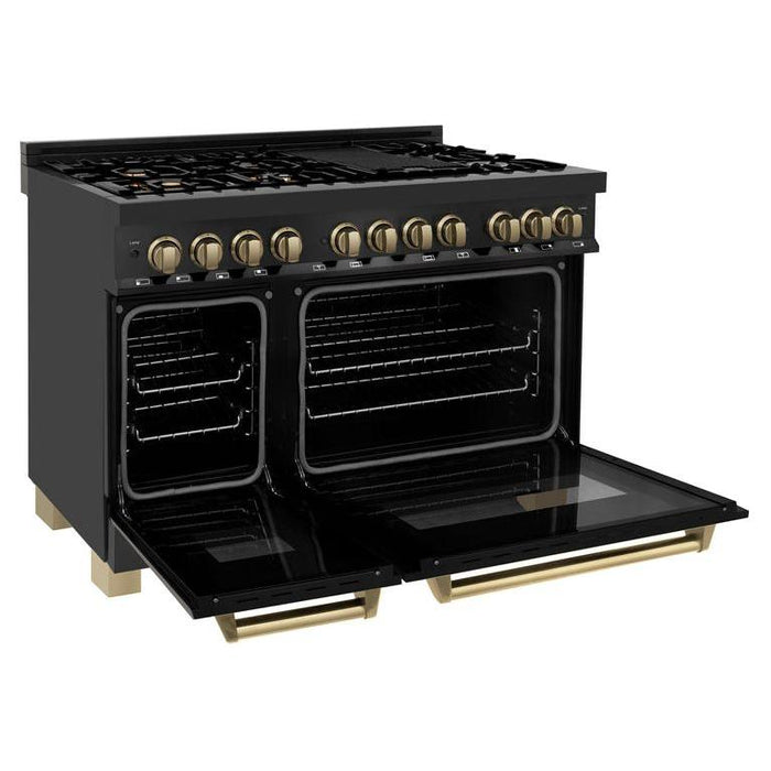 ZLINE Autograph Package - 48 In. Dual Fuel Range, Range Hood, Refrigerator, Microwave and Dishwasher in Black Stainless Steel with Bronze Accents