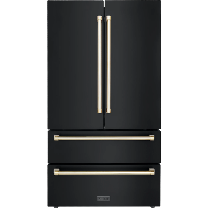 ZLINE Autograph Package - 48 In. Dual Fuel Range, Range Hood, Refrigerator, Microwave and Dishwasher in Black Stainless Steel with Gold Accents