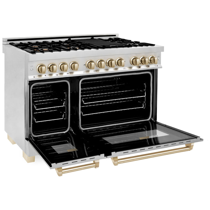 ZLINE Autograph Package - 48 In. Dual Fuel Range, Range Hood, Refrigerator, Microwave and Dishwasher in Stainless Steel with Gold Accents