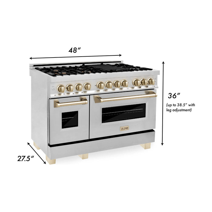 ZLINE Autograph Package - 48 In. Dual Fuel Range, Range Hood, Refrigerator, Microwave and Dishwasher in Stainless Steel with Gold Accents