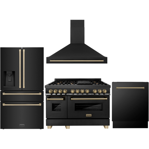 ZLINE Autograph Package - 48 In. Dual Fuel Range, Range Hood, Refrigerator with Water and Ice Dispenser, and Dishwasher in Black Stainless Steel with Champagne Bronze Accents, 4KAPR-RABRHDWV48-CB