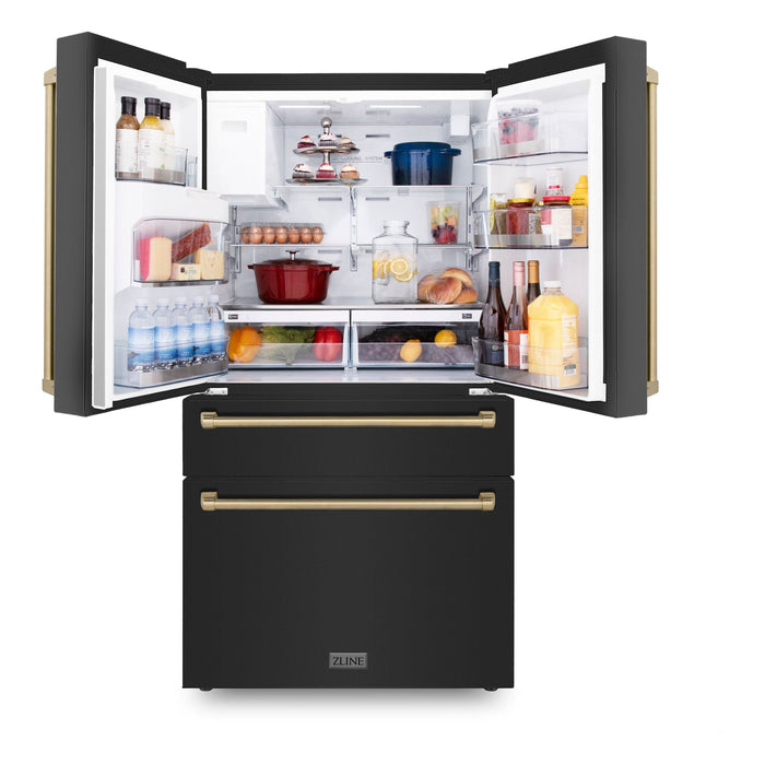 ZLINE Kitchen Appliance Packages ZLINE Autograph Package - 48 In. Dual Fuel Range, Range Hood, Refrigerator with Water and Ice Dispenser, and Dishwasher in Black Stainless Steel with Champagne Bronze Accents, 4KAPR-RABRHDWV48-CB