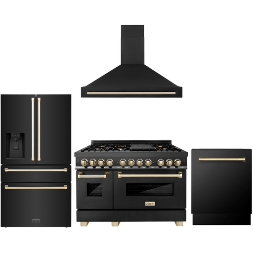 ZLINE Autograph Package - 48 In. Dual Fuel Range, Range Hood, Refrigerator with Water and Ice Dispenser, and Dishwasher in Black Stainless Steel with Gold Accents, 4KAPR-RABRHDWV48-G