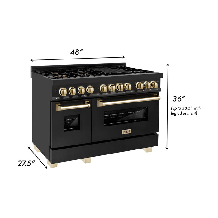 ZLINE Autograph Package - 48 In. Dual Fuel Range, Range Hood, Refrigerator with Water and Ice Dispenser, and Dishwasher in Black Stainless Steel with Gold Accents, 4KAPR-RABRHDWV48-G