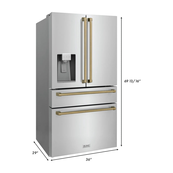 ZLINE Kitchen Appliance Packages ZLINE Autograph Package - 48 In. Dual Fuel Range, Range Hood, Refrigerator with Water and Ice Dispenser, Dishwasher in Stainless Steel with Champagne Bronze Accents, 4AKPR-RAWMRHDWM48-CB