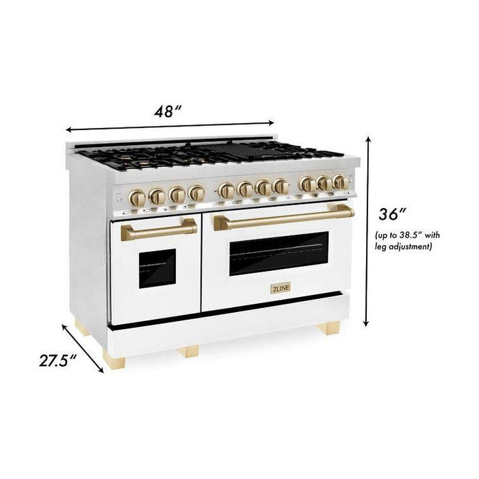 ZLINE Autograph Package - 48 In. Dual Fuel Range, Range Hood, Refrigerator with Water and Ice Dispenser, Dishwasher in Stainless Steel with Gold Accents, 4AKPR-RAWMRHDWM48-G