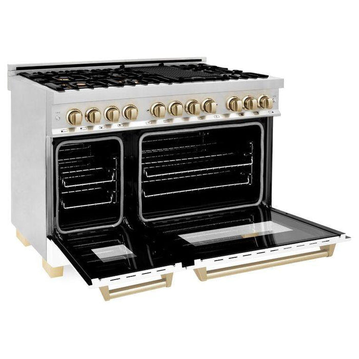 ZLINE Kitchen Appliance Packages ZLINE Autograph Package - 48 In. Dual Fuel Range, Range Hood, Refrigerator with Water and Ice Dispenser, Dishwasher in Stainless Steel with Gold Accents, 4AKPR-RAWMRHDWM48-G