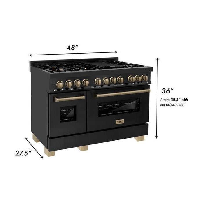 ZLINE Autograph Package - 48 In. Dual Fuel Range, Range Hood, Refrigerator with Water and Ice Dispenser, Microwave and Dishwasher in Black Stainless Steel with Bronze Accents