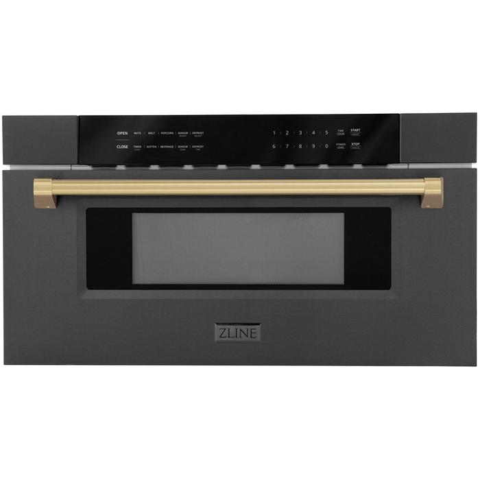 ZLINE Autograph Package - 48 In. Dual Fuel Range, Range Hood, Refrigerator with Water and Ice Dispenser, Microwave and Dishwasher in Black Stainless Steel with Bronze Accents