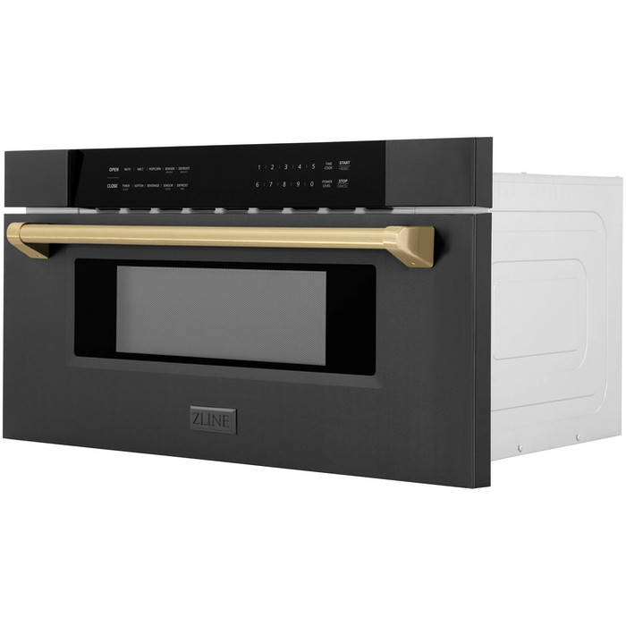 ZLINE Autograph Package - 48 In. Dual Fuel Range, Range Hood, Refrigerator with Water and Ice Dispenser, Microwave and Dishwasher in Black Stainless Steel with Bronze Accents