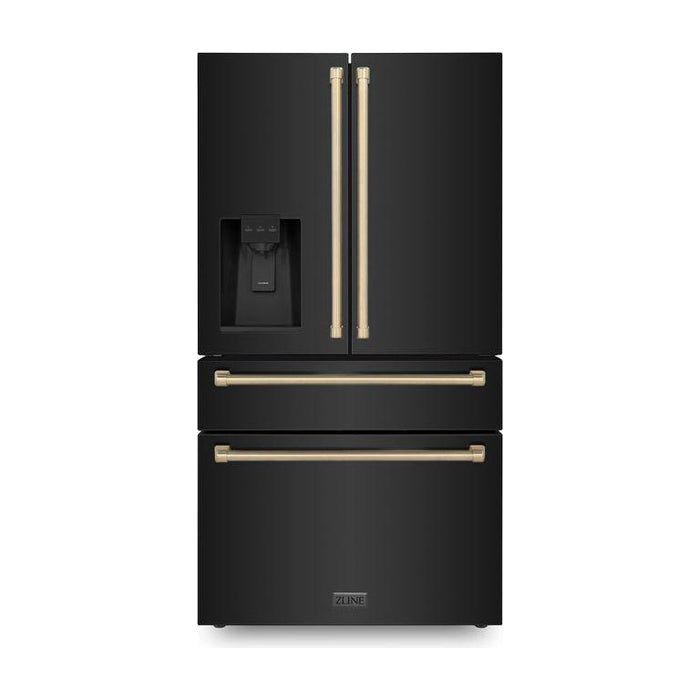 ZLINE Autograph Package - 48 In. Dual Fuel Range, Range Hood, Refrigerator with Water and Ice Dispenser, Microwave and Dishwasher in Black Stainless Steel with Bronze Accents