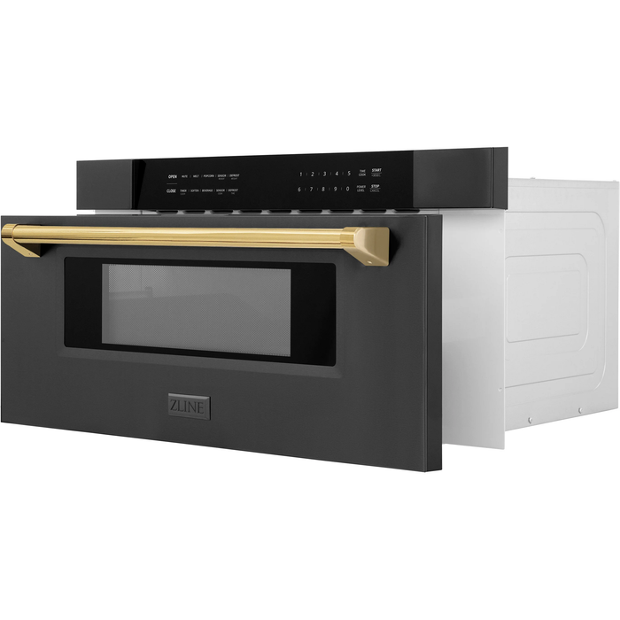 ZLINE Autograph Package - 48 In. Dual Fuel Range, Range Hood, Refrigerator with Water and Ice Dispenser, Microwave and Dishwasher in Black Stainless Steel with Gold Accents