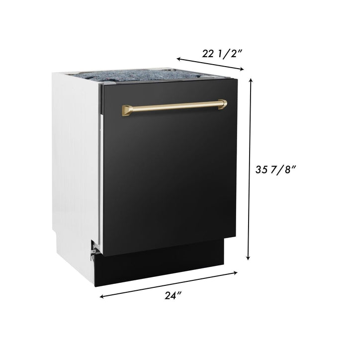 ZLINE Autograph Package - 48 In. Dual Fuel Range, Range Hood, Refrigerator with Water and Ice Dispenser, Microwave and Dishwasher in Black Stainless Steel with Gold Accents