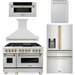 ZLINE Autograph Package - 48 In. Dual Fuel Range, Range Hood, Refrigerator with Water and Ice Dispenser, Microwave and Dishwasher in Stainless Steel with Bronze Accents