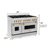 ZLINE Autograph Package - 48 in. Dual Fuel Range, Range Hood, Refrigerator with Water and Ice Dispenser, Microwave and Dishwasher in Stainless Steel with Gold Accents