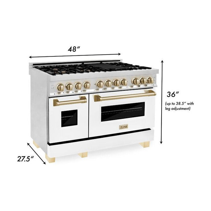 ZLINE Kitchen Appliance Packages ZLINE Autograph Package - 48 In. Dual Fuel Range with Gold Accent, Range Hood, Dishwasher in White Matte, 3AKP-RAWMRHDWM48-G
