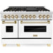 ZLINE Autograph Package - 48 In. Dual Fuel Range with Gold Accent, Range Hood, Dishwasher in White Matte, 3AKP-RAWMRHDWM48-G