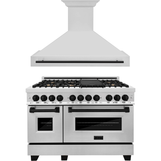 ZLINE Kitchen Appliance Packages ZLINE Autograph Package - 48 In. Dual Range Range and Range Hood in Stainless Steel with Matte Black Accents, 2AKPR-RARH48-MB