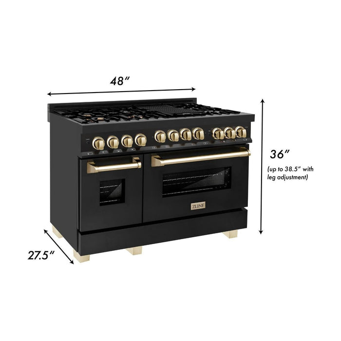 ZLINE Kitchen Appliance Packages ZLINE Autograph Package - 48 In. Gas Range and Range Hood in Black Stainless Steel with Gold Accents, 2AKPR-RGBRH48-G