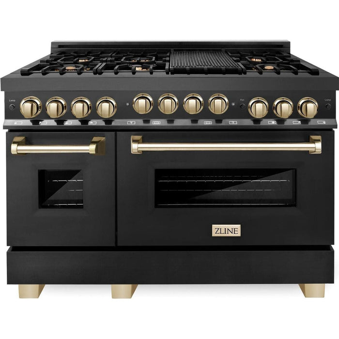 ZLINE Autograph Package - 48 In. Gas Range and Range Hood in Black Stainless Steel with Gold Accents, 2AKPR-RGBRH48-G