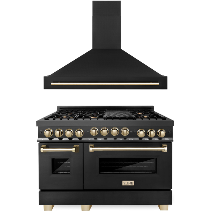 ZLINE Autograph Package - 48 In. Gas Range and Range Hood in Black Stainless Steel with Gold Accents, 2AKPR-RGBRH48-G