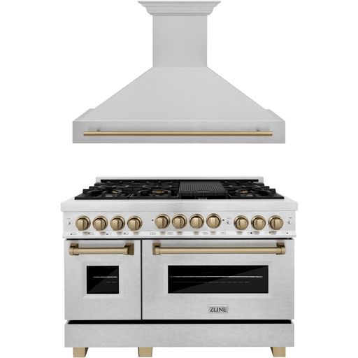 ZLINE Kitchen Appliance Packages ZLINE Autograph Package - 48 In. Gas Range and Range Hood in DuraSnow® Stainless Steel with Champagne Bronze Accents, 2AKPR-RGSRH48-CB