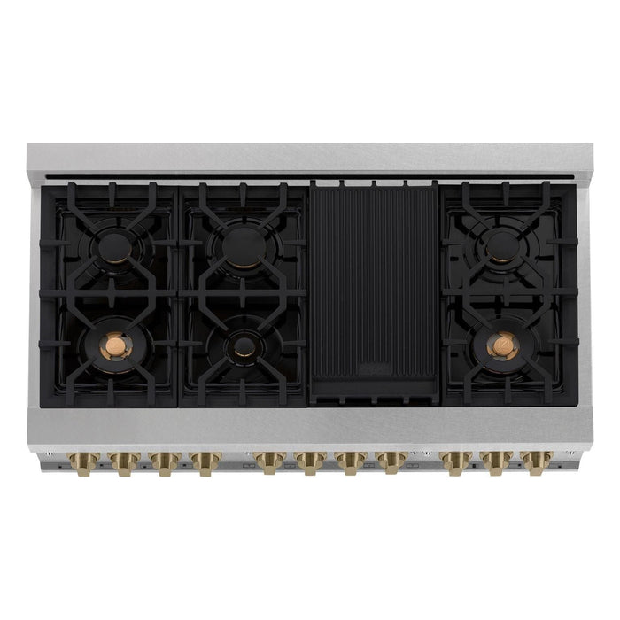 ZLINE Autograph Package - 48 In. Gas Range and Range Hood in DuraSnow® Stainless Steel with Champagne Bronze Accents, 2AKPR-RGSRH48-CB