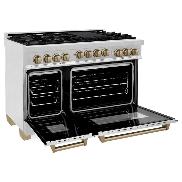 ZLINE Autograph Package - 48 In. Gas Range and Range Hood in DuraSnow® Stainless Steel with Champagne Bronze Accents, 2AKPR-RGSRH48-CB