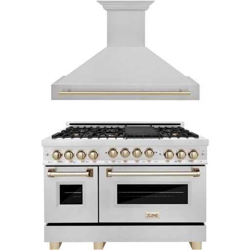 ZLINE Kitchen Appliance Packages ZLINE Autograph Package - 48 In. Gas Range and Range Hood in DuraSnow® Stainless Steel with Gold Accents, 2AKPR-RGSRH48-G