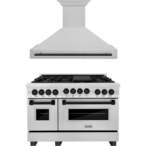 ZLINE Kitchen Appliance Packages ZLINE Autograph Package - 48 In. Gas Range and Range Hood in DuraSnow® Stainless Steel with Matte Black Accents, 2AKPR-RGSRH48-MB