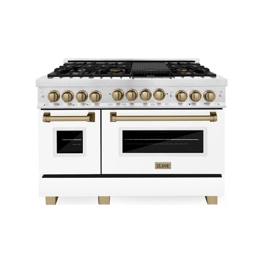 ZLINE Kitchen Appliance Packages ZLINE Autograph Package - 48 In. Gas Range and Range Hood in DuraSnow® Stainless Steel with White Matte Door and Champagne Bronze Accents, 2AKPR-RGSWMRH48-CB