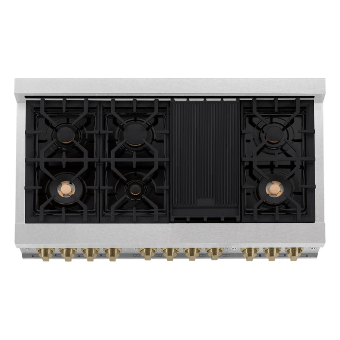 ZLINE Autograph Package - 48 In. Gas Range and Range Hood in DuraSnow® Stainless Steel with White Matte Door and Champagne Bronze Accents, 2AKPR-RGSWMRH48-CB