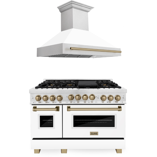 ZLINE Autograph Package - 48 In. Gas Range and Range Hood in DuraSnow® Stainless Steel with White Matte Door and Champagne Bronze Accents, 2AKPR-RGSWMRH48-CB