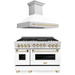 ZLINE Autograph Package - 48 In. Gas Range and Range Hood in DuraSnow® Stainless Steel with White Matte Door and Gold Accents, 2AKPR-RGSWMRH48-G