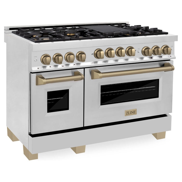 ZLINE Kitchen Appliance Packages ZLINE Autograph Package - 48 In. Gas Range and Range Hood in Stainless Steel with Champagne Bronze Accents, 2AKPR-RGRH48-CB