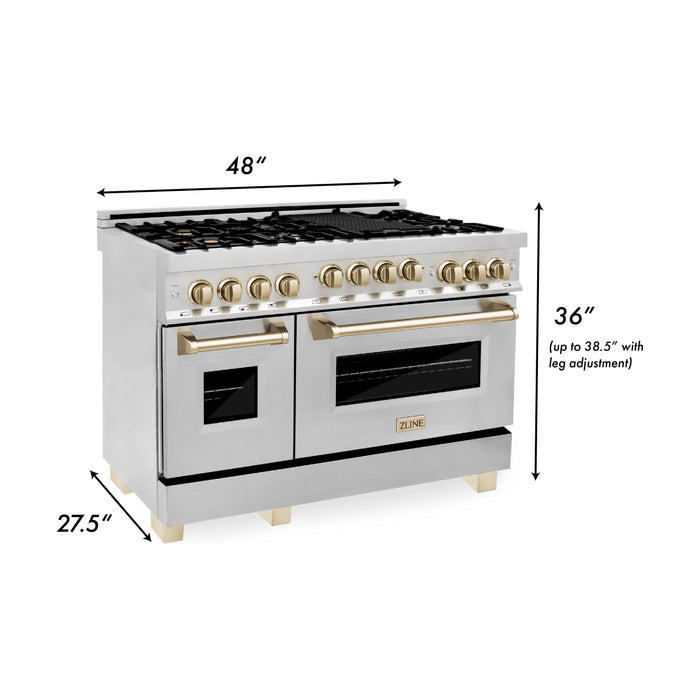 ZLINE Kitchen Appliance Packages ZLINE Autograph Package - 48 In. Gas Range and Range Hood in Stainless Steel with Gold Accents, 2AKPR-RGRH48-G