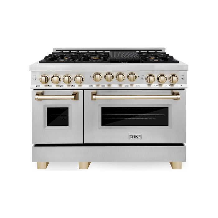 ZLINE Autograph Package - 48 In. Gas Range and Range Hood in Stainless Steel with Gold Accents, 2AKPR-RGRH48-G