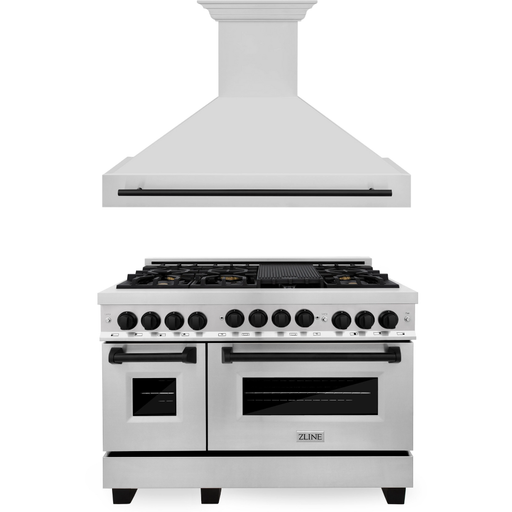 ZLINE Kitchen Appliance Packages ZLINE Autograph Package - 48 In. Gas Range and Range Hood in Stainless Steel with Matte Black Accents, 2AKPR-RGRH48-MB
