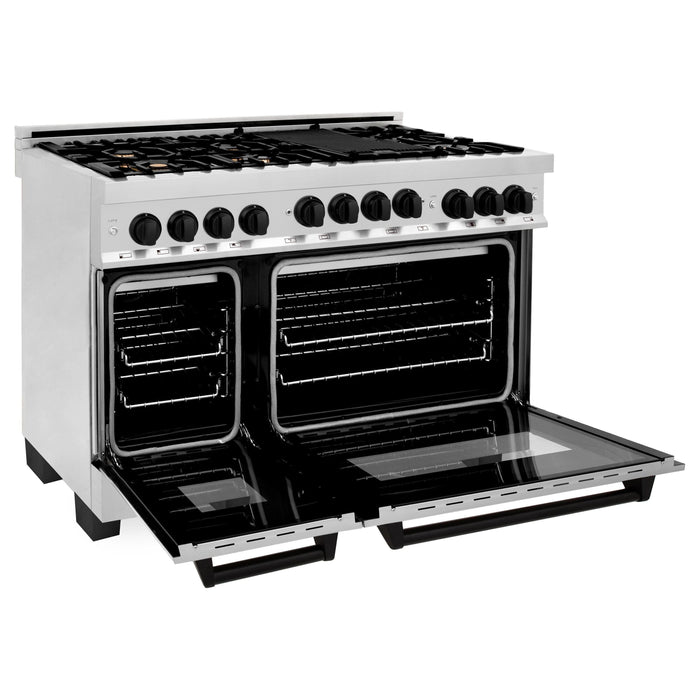 ZLINE Autograph Package - 48 In. Gas Range and Range Hood in Stainless Steel with Matte Black Accents, 2AKPR-RGRH48-MB