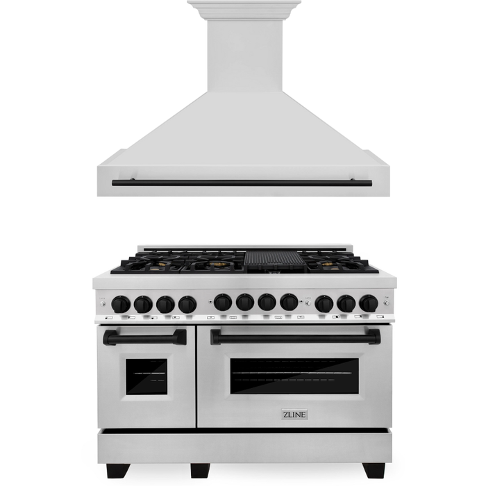 ZLINE Autograph Package - 48 In. Gas Range and Range Hood in Stainless Steel with Matte Black Accents, 2AKPR-RGRH48-MB