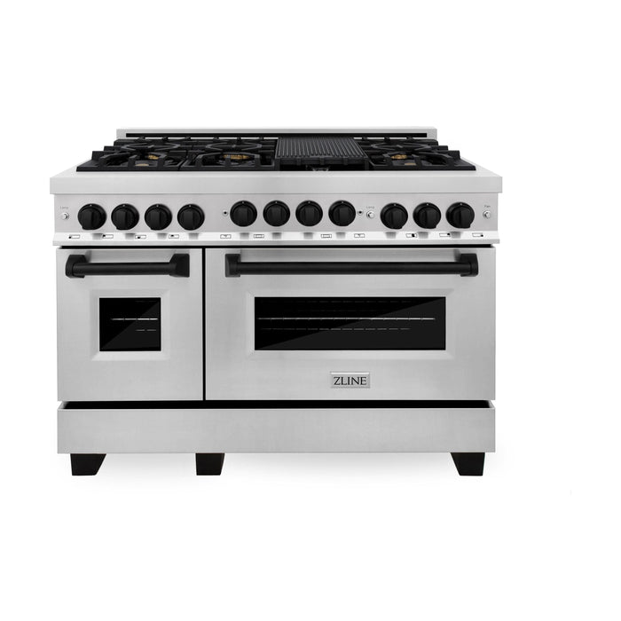 ZLINE Autograph Package - 48 In. Gas Range and Range Hood in Stainless Steel with Matte Black Accents, 2AKPR-RGRH48-MB